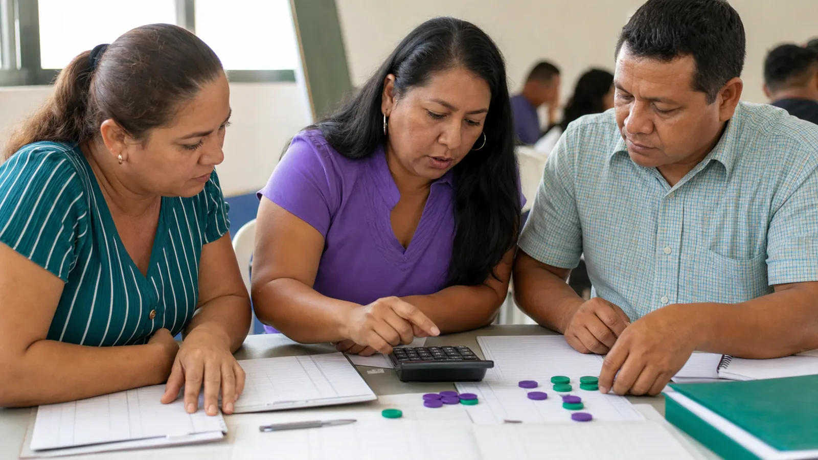 Una instructora ayuda a dueños de pequeños negocios con un ejercicio de flujo de caja, una calculadora y fichas.