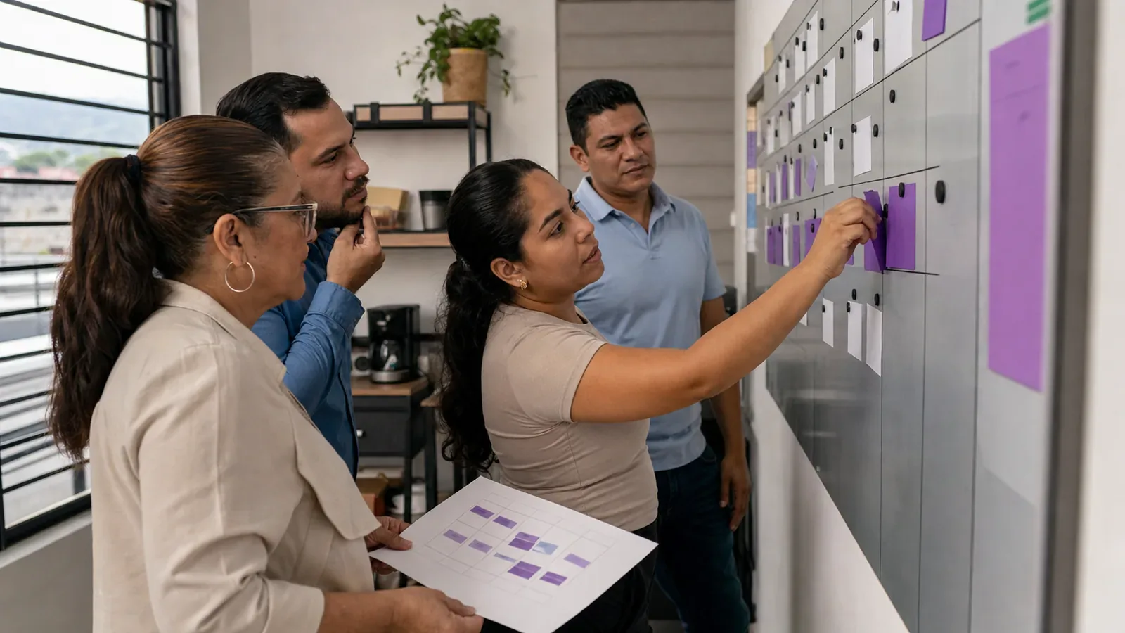 Un equipo de operaciones organiza responsabilidades y tareas semanales en un muro de planificación.
