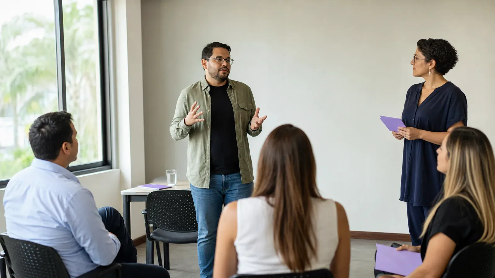 Un participante practica una presentación mientras sus compañeros escuchan y una facilitadora prepara retroalimentación.