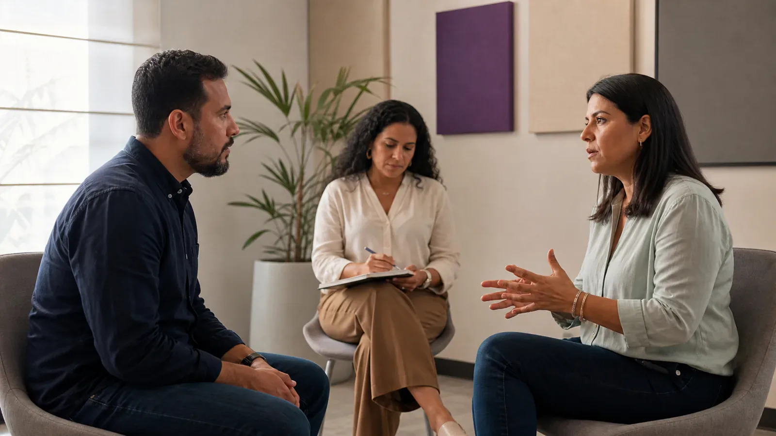 Dos colegas practican una conversación laboral atenta mientras una facilitadora observa.
