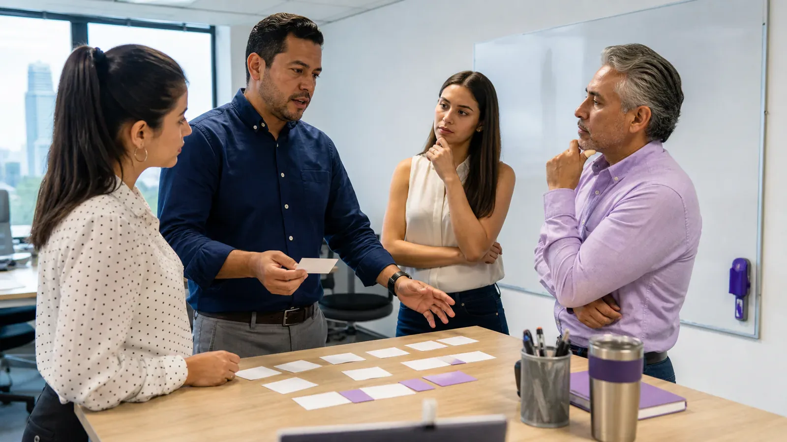 Un líder de equipo guía a sus colegas en un ejercicio de priorización de tareas con tarjetas físicas.