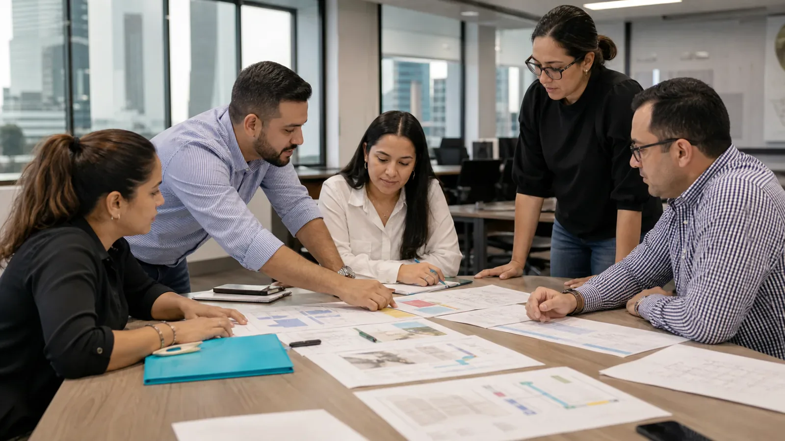 Un equipo empresarial trabaja en conjunto sobre un reto práctico de operaciones durante un taller.