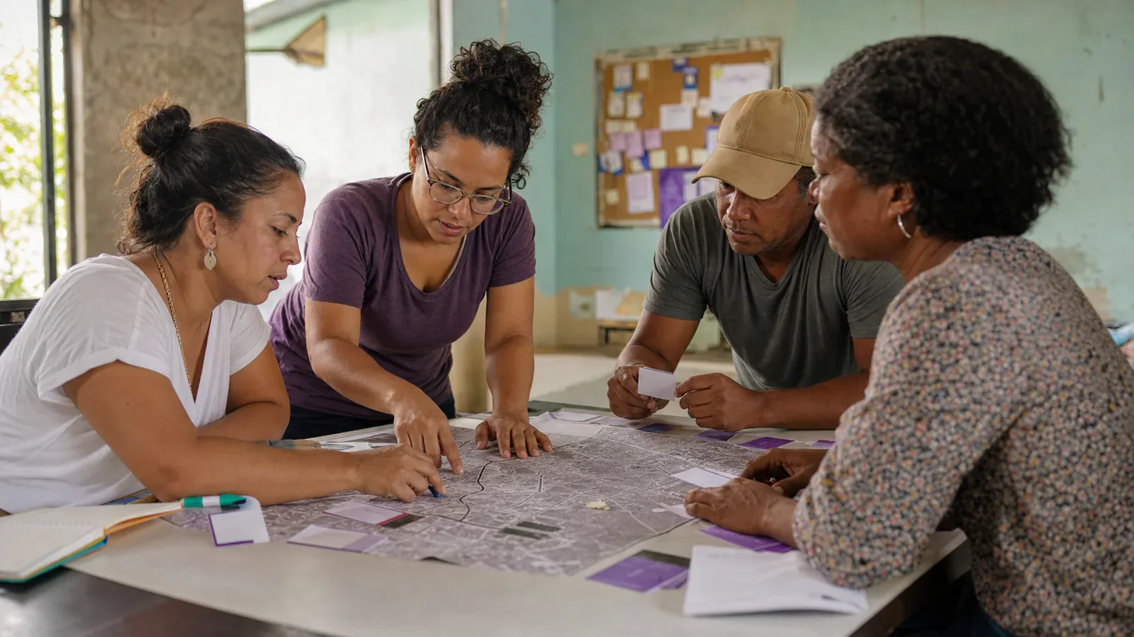 Coordinadores de una organización sin fines de lucro planifican un programa comunitario con una facilitadora y tarjetas de actividades.