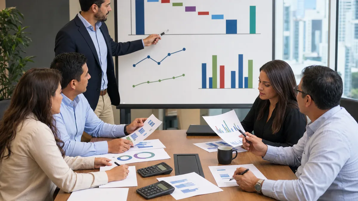 Un facilitador explica gráficos financieros a un equipo que trabaja con informes y calculadoras.