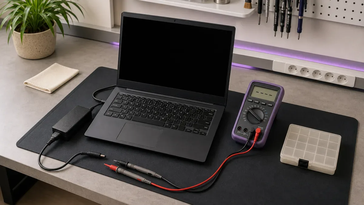 Una laptop está preparada para diagnóstico junto a herramientas de reparación y un multímetro electrónico.