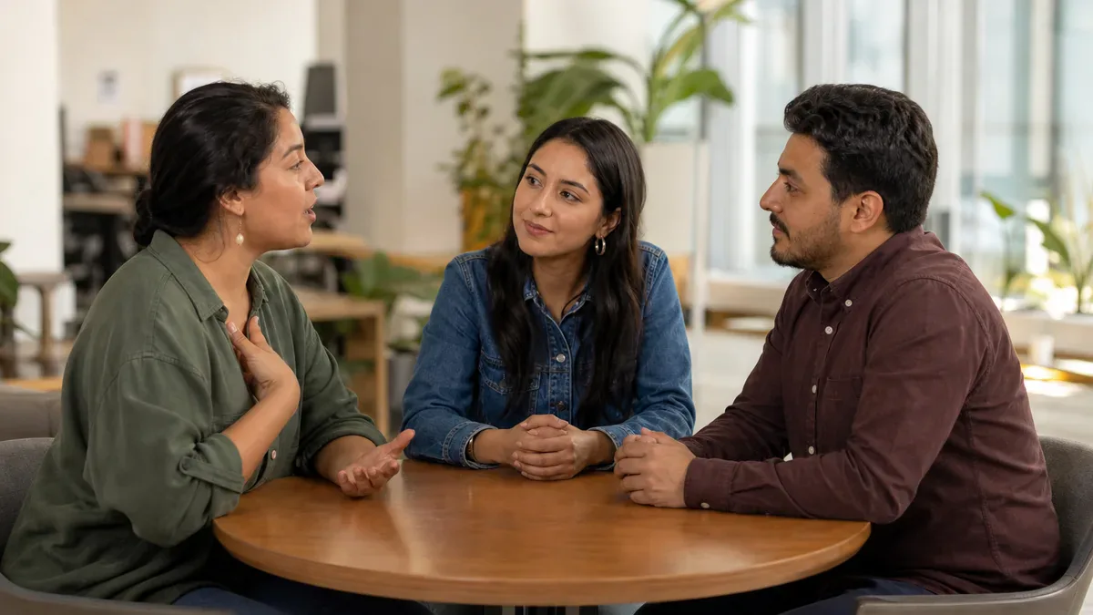 Tres colegas practican una conversación atenta sobre las emociones en el trabajo.