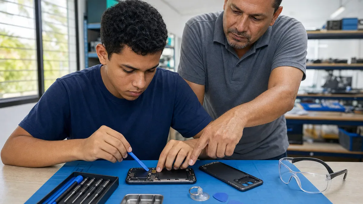 Un instructor técnico guía a un estudiante durante una práctica de reparación de celulares.