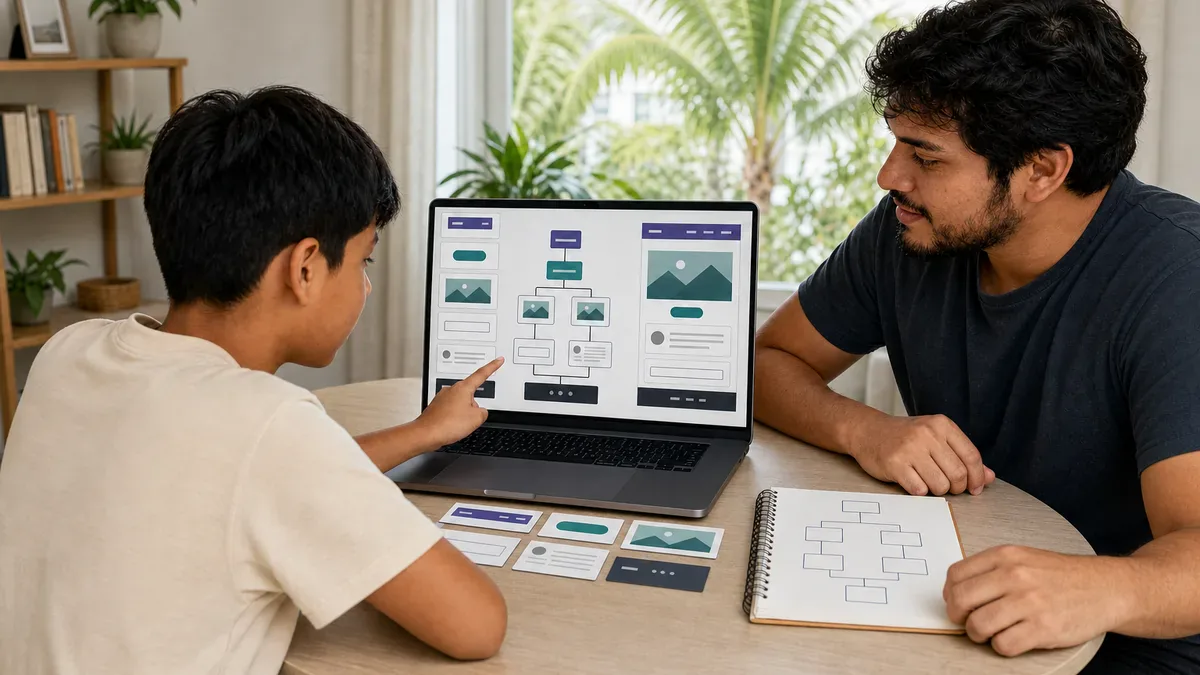 Un estudiante y su mentor revisan las pantallas responsivas y el flujo de una aplicación web.