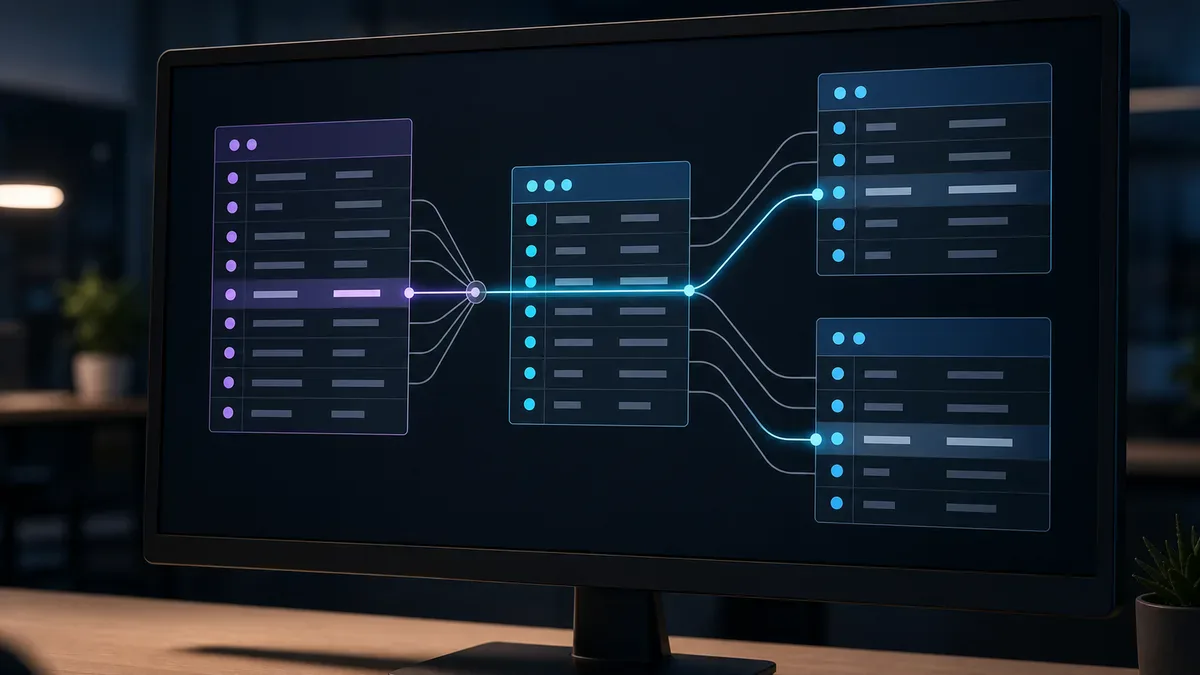 Un diagrama de base de datos relacional conecta varias tablas de información en la pantalla de una computadora.