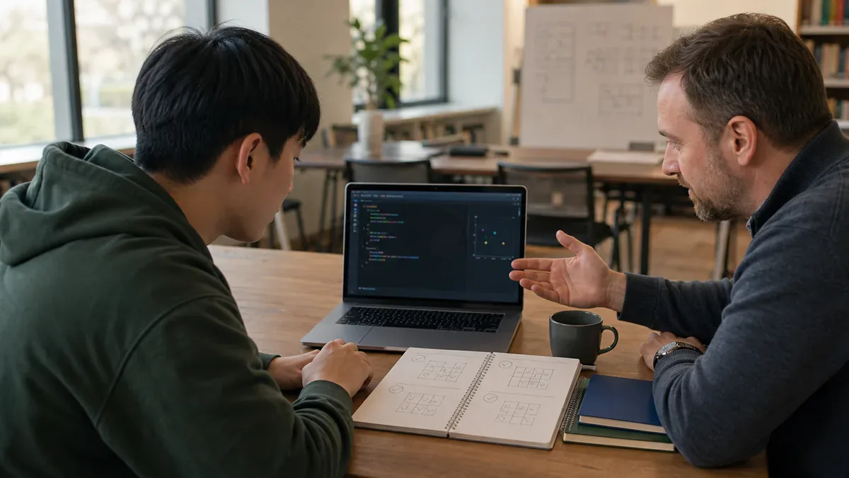 Un mentor de programación explica un primer ejercicio de código a un estudiante frente a una laptop.