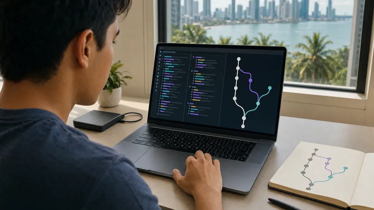 Un desarrollador revisa código fuente y un diagrama de ramas de Git durante una práctica de ingeniería de software colaborativa.