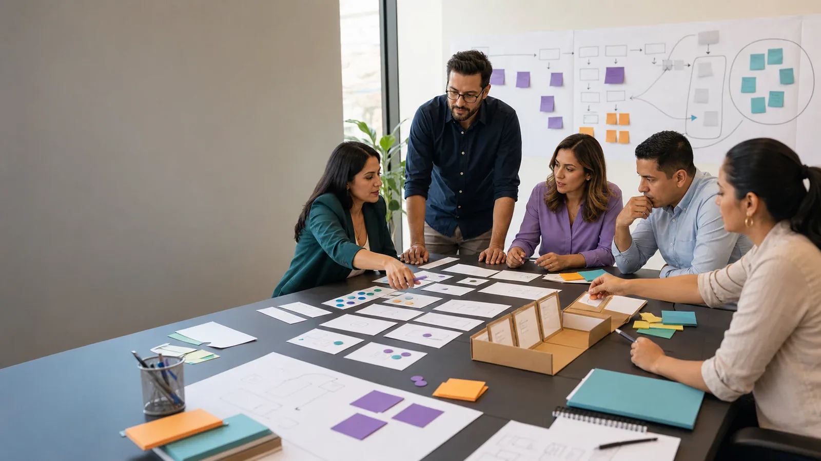 Equipo empresarial prioriza ideas y prepara un prototipo durante un taller de creatividad e innovación.