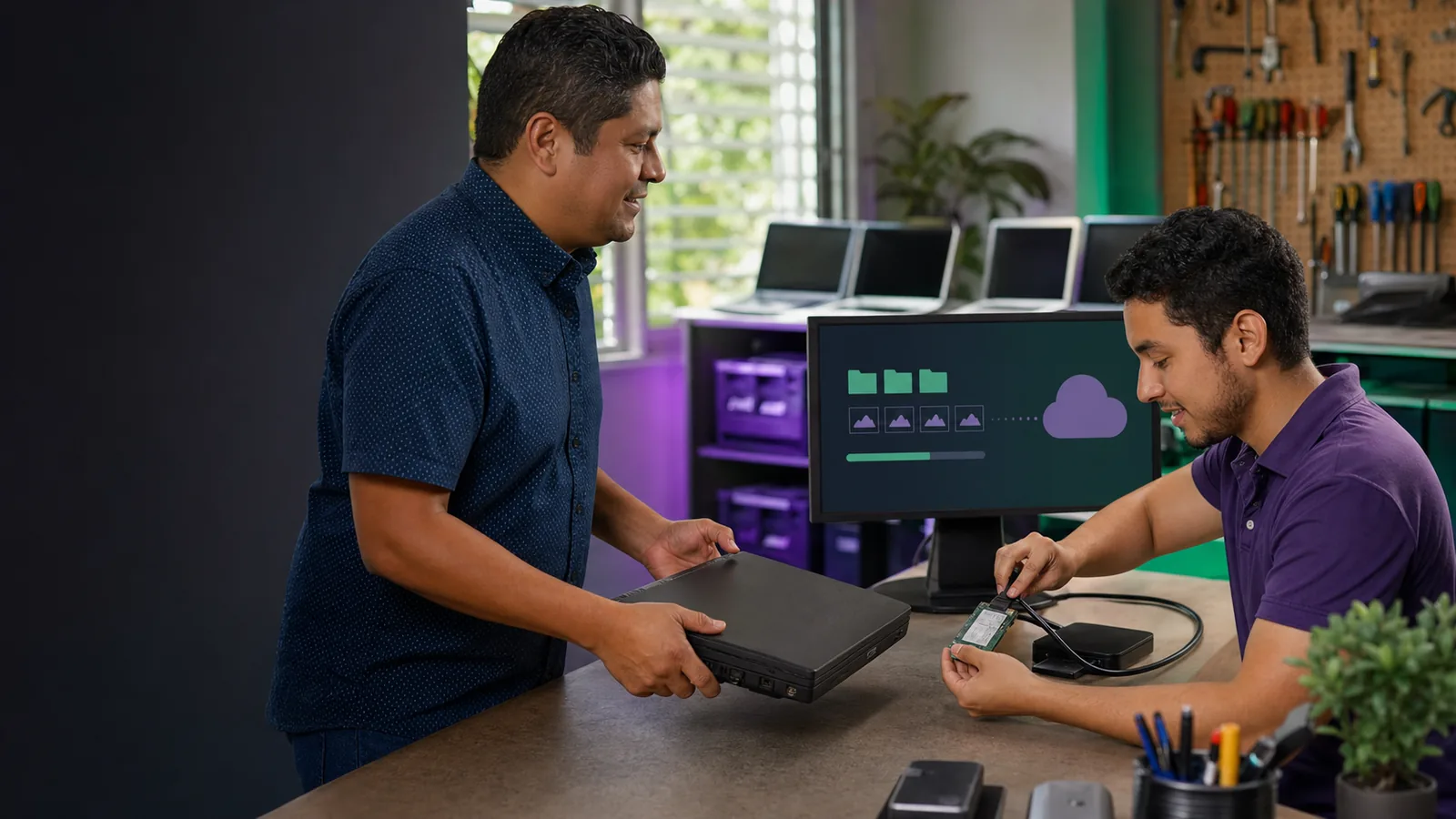 Un técnico de Crezendo recupera archivos de una laptop mientras su donante entrega la computadora para reutilización educativa.