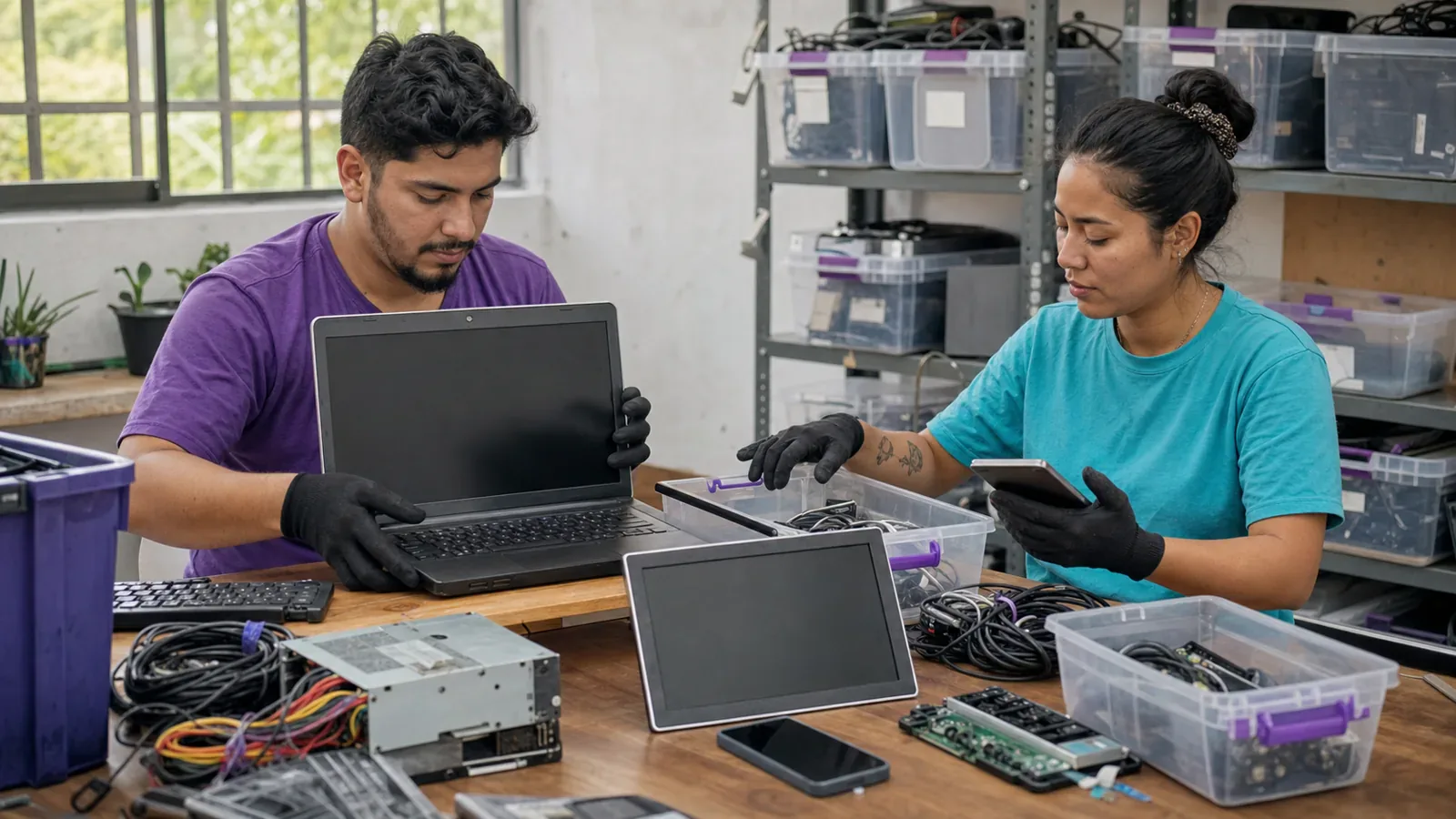 Dos voluntarios revisan y clasifican laptops, celulares, cables y componentes de computadora donados.