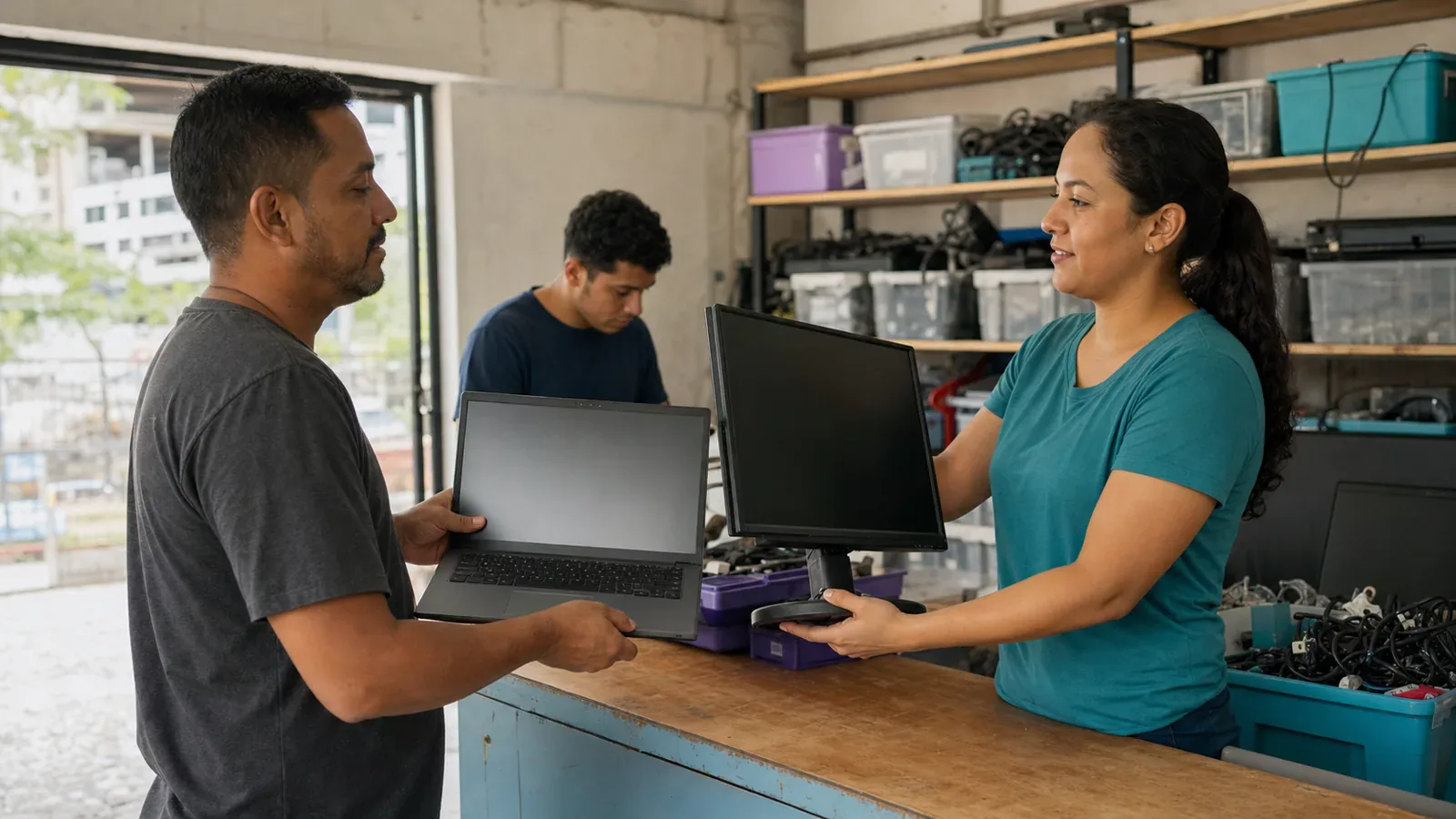 Un donante lleva una laptop y un monitor usados a un punto comunitario de reutilización tecnológica.