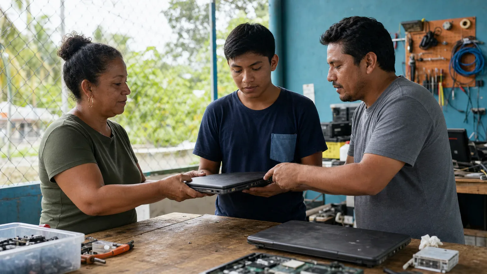 Una donante entrega una laptop usada mientras un joven técnico y su mentor la revisan para reutilizarla en educación.