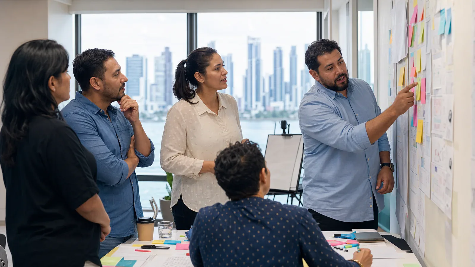Un equipo de trabajo compara ideas con un facilitador durante un taller colaborativo.
