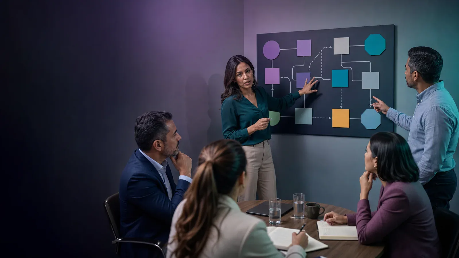 Cinco profesionales latinoamericanos analizan opciones mientras una gerente facilita una decisión durante un taller de habilidades gerenciales.