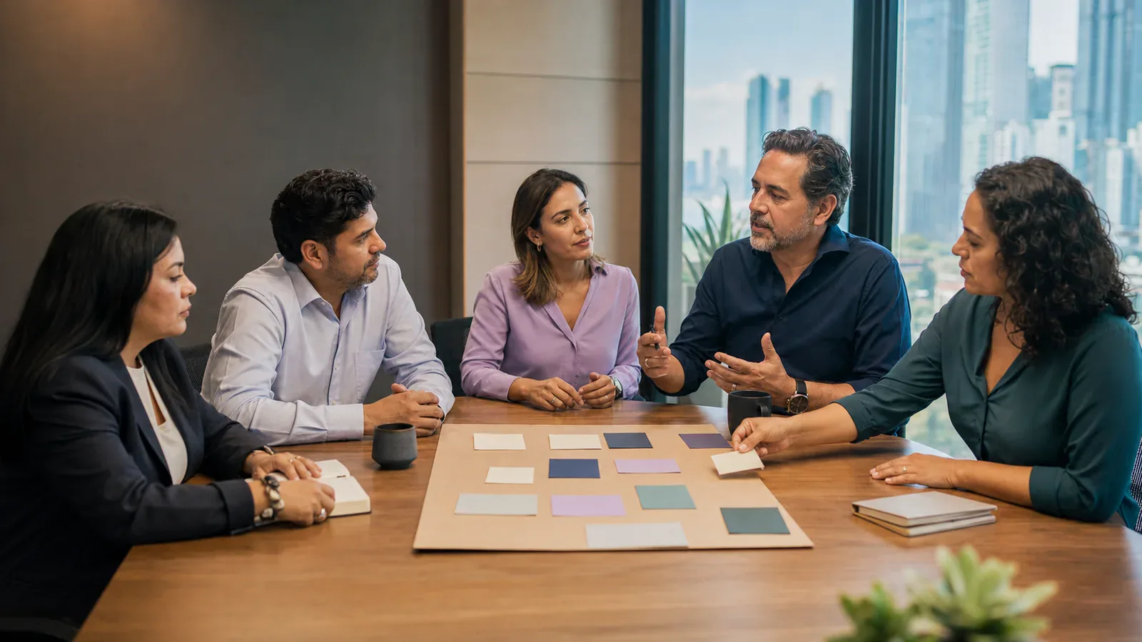 Cinco profesionales latinoamericanos conversan y organizan tarjetas de trabajo durante un taller de clima organizacional.