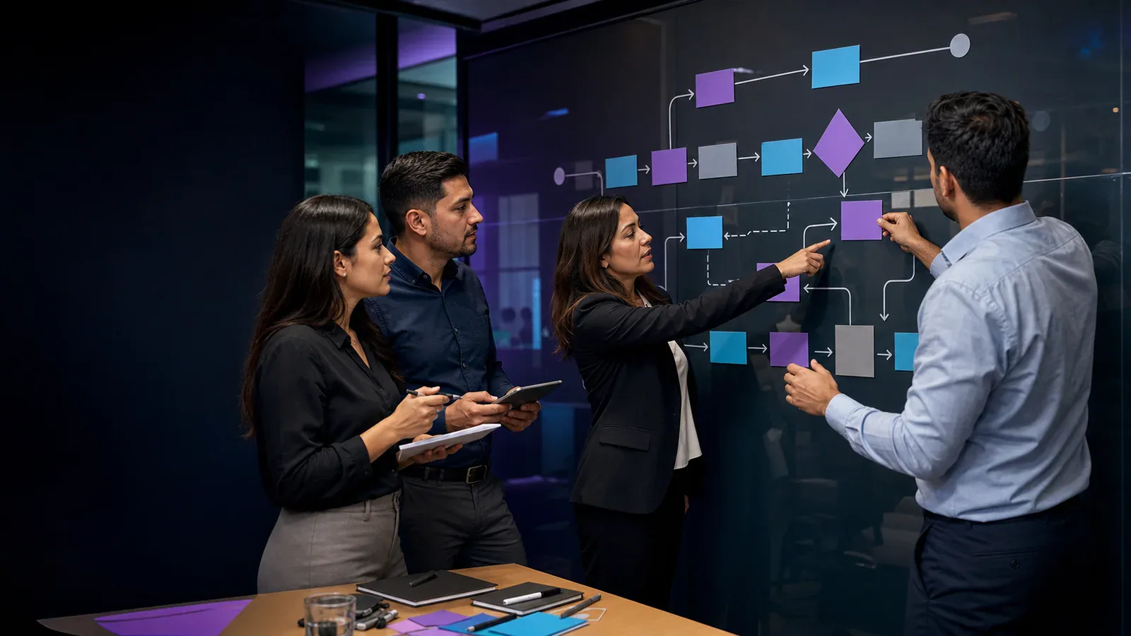 Cuatro profesionales latinoamericanos analizan un flujo con etapas y decisiones durante un taller de optimización de procesos.