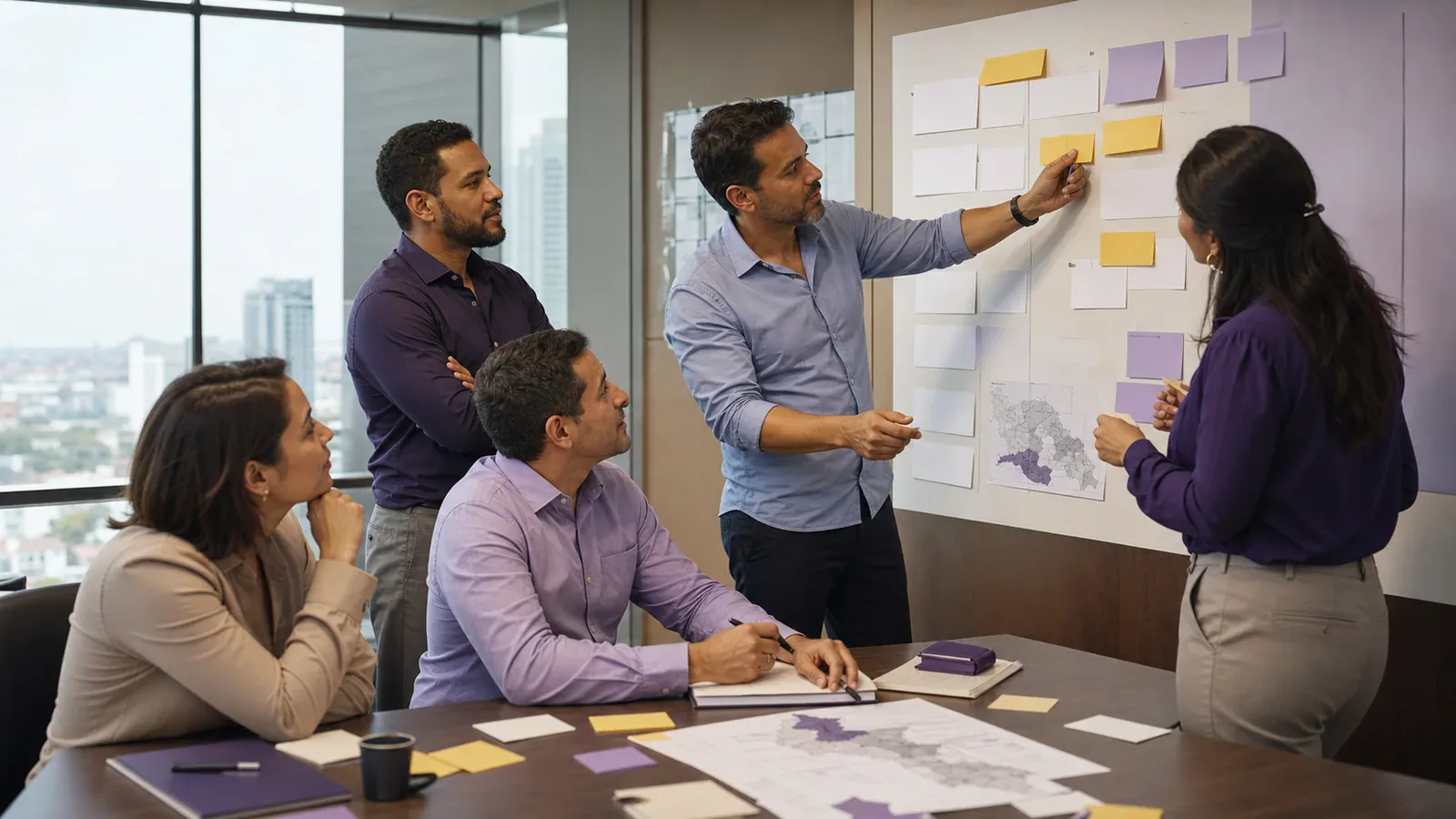 Equipo latinoamericano prioriza tarjetas durante un taller corporativo de planeación estratégica.