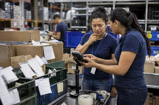 Workers transition from paper records to a digital scanner.