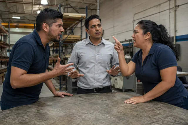 Mediator intervenes while two employees argue at work.