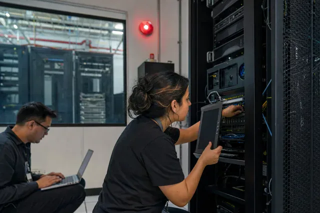 Engineers diagnose a server alert from a console.