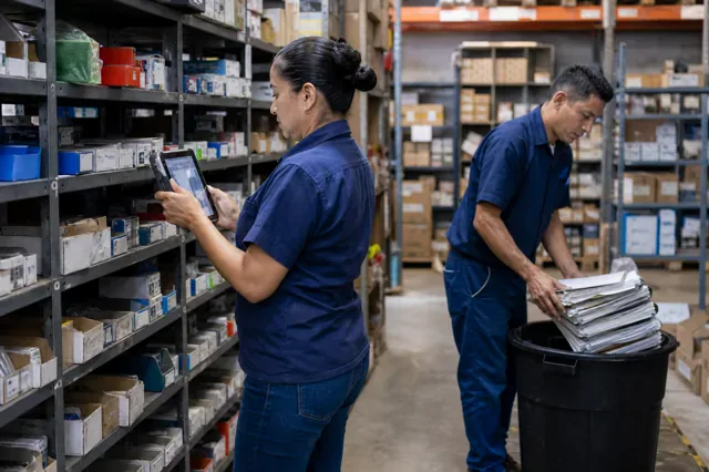 Workers replace inventory forms with tablet-based scanning.