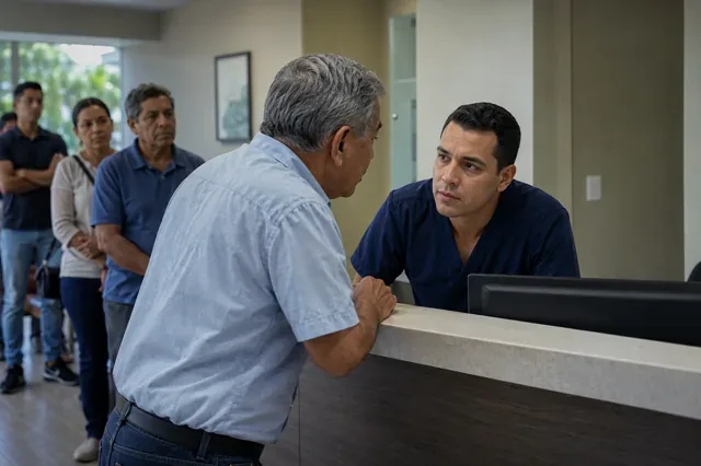 Receptionist attentively listens to an older customer at the counter.