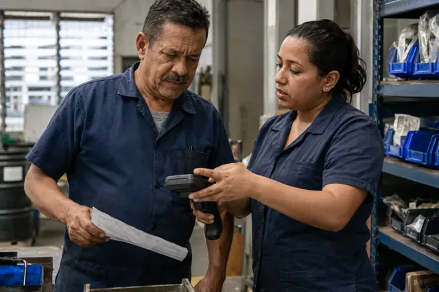 Operator learns to use a new inventory scanner with a coworker.