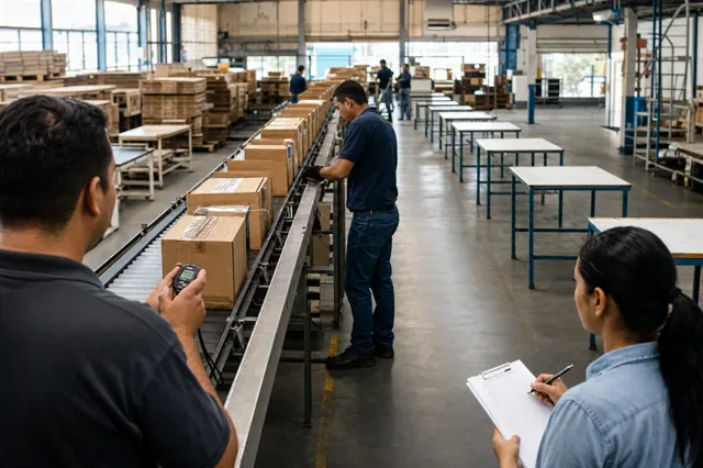 Workers measure and correct a bottleneck on a packing line.