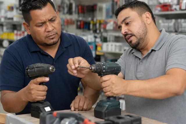 Salesperson demonstrates a functional difference to a customer comparing products.