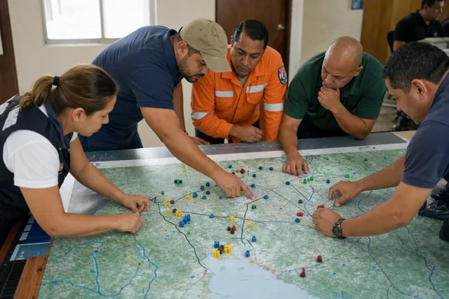Team prioritizes routes and resources on a physical facility map.
