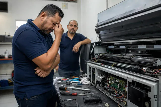 Technician pauses to regain composure beside a malfunctioning machine.