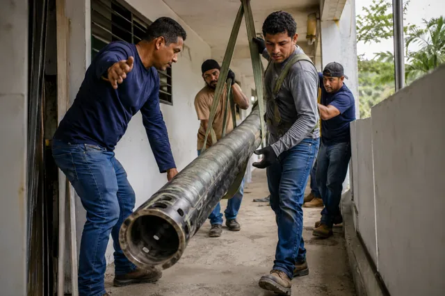 Team coordinates moving a long object through a narrow corridor.