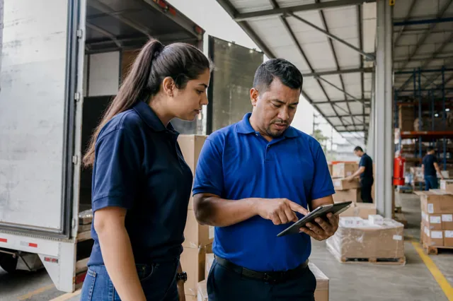 Warehouse manager tests a delivery app with its developer.