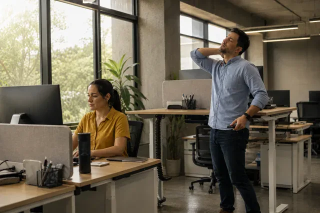 Employee adjusts a workstation and stretches during the workday.