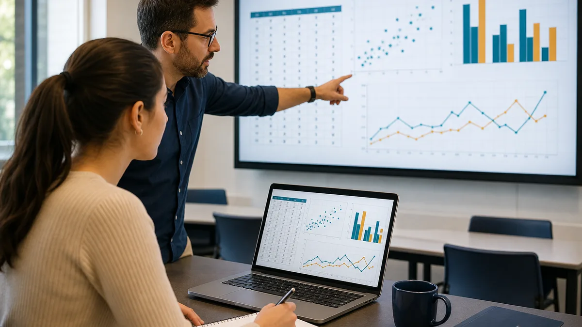 Mentor guía a una estudiante mientras convierten una tabla de datos en gráficos de dispersión, barras y líneas.