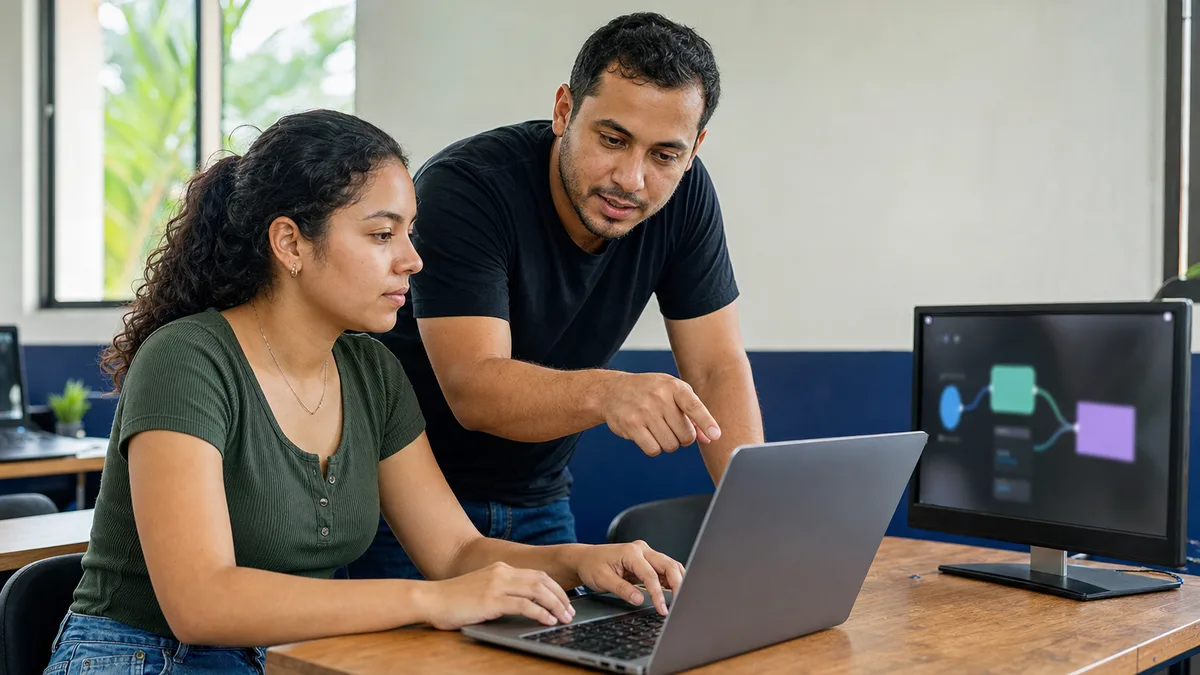 Estudiante prueba una conexión entre aplicaciones en una laptop mientras un instructor explica el flujo de datos.