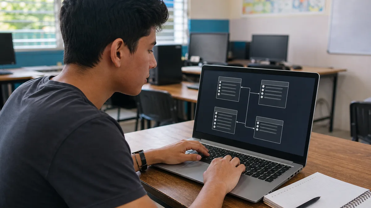 Estudiante aprendiendo tablas y relaciones de una base de datos en una laptop.