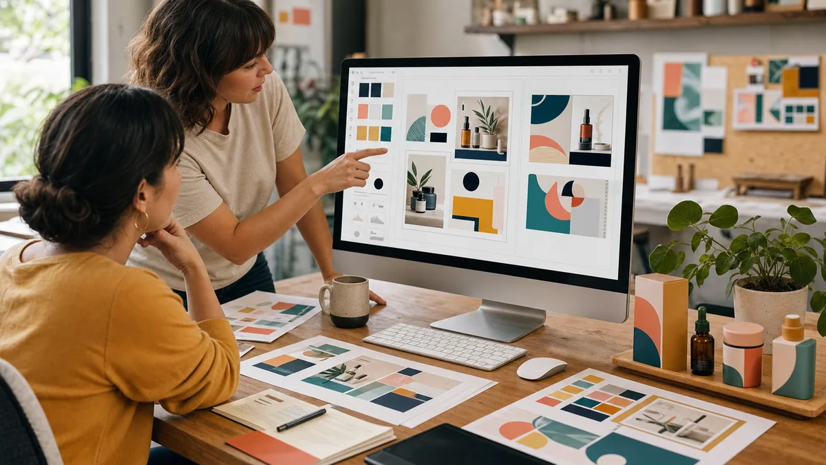 Emprendedora e instructora revisan composiciones visuales, paletas de color y materiales gráficos para un negocio.