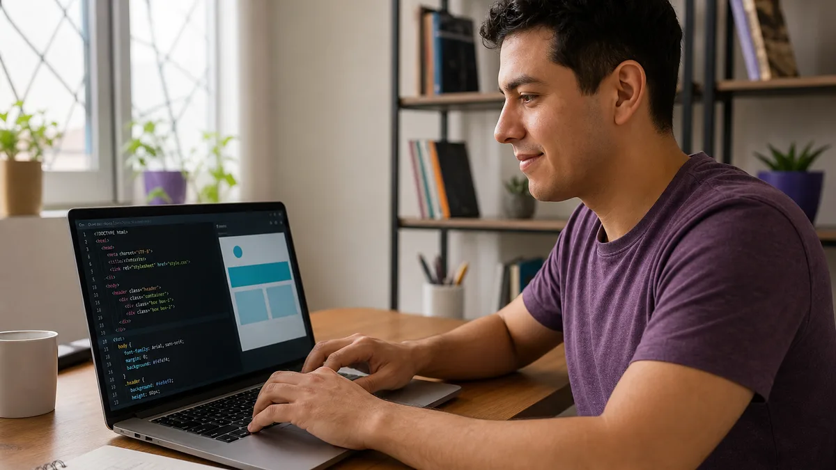 Estudiante practicando HTML y CSS en una laptop en un espacio de aprendizaje.