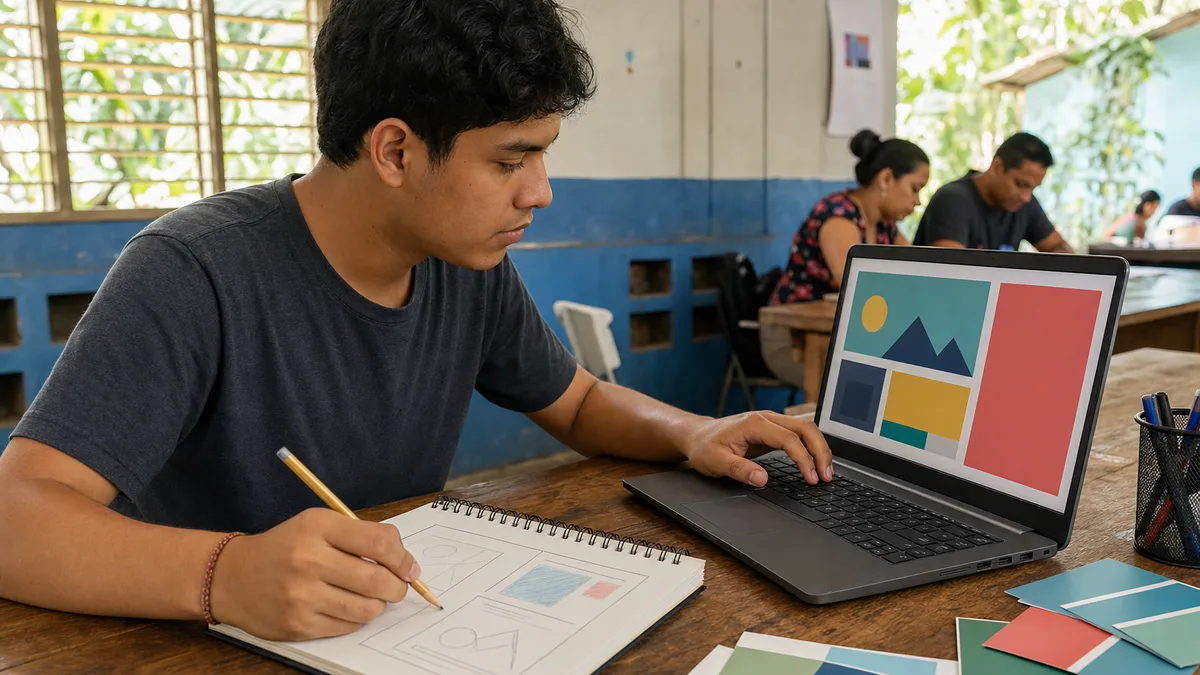 Joven practica composición gráfica en una laptop mientras compara el diseño con un boceto y muestras de color.