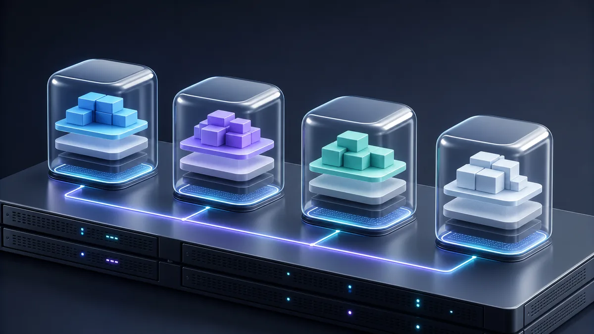 Cuatro servicios de software aislados se ejecutan en cápsulas digitales sobre una plataforma de servidor común.