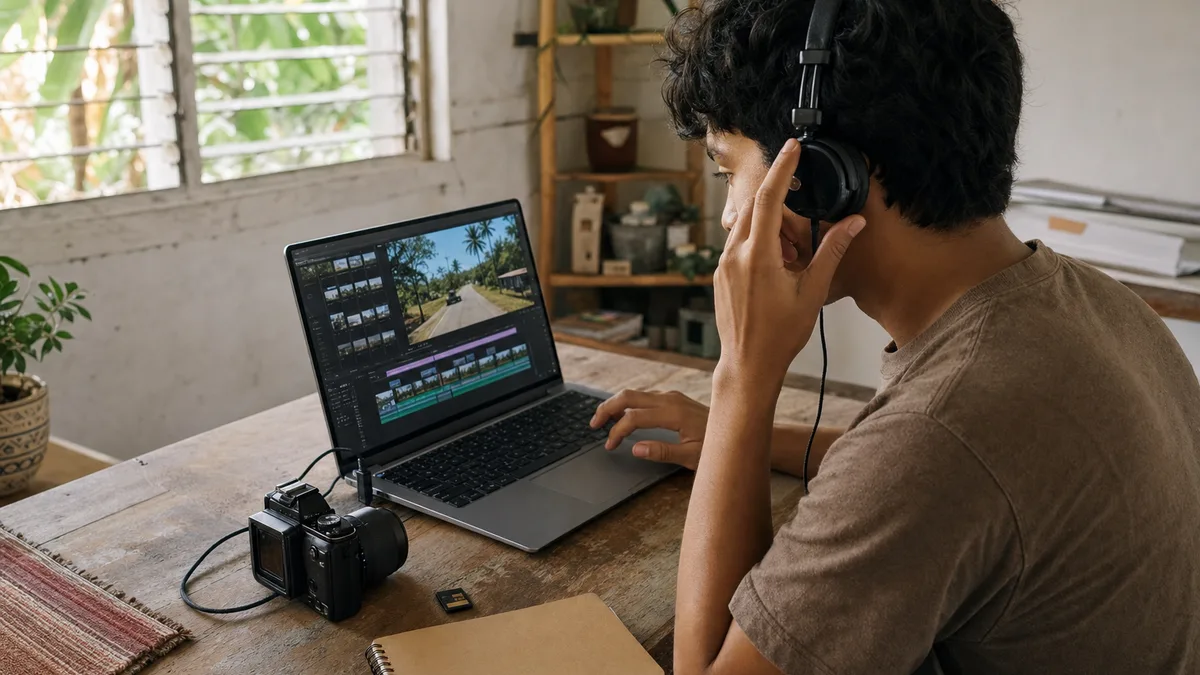 Joven edita un video en una laptop con audífonos, una cámara y una tarjeta de memoria sobre el escritorio.