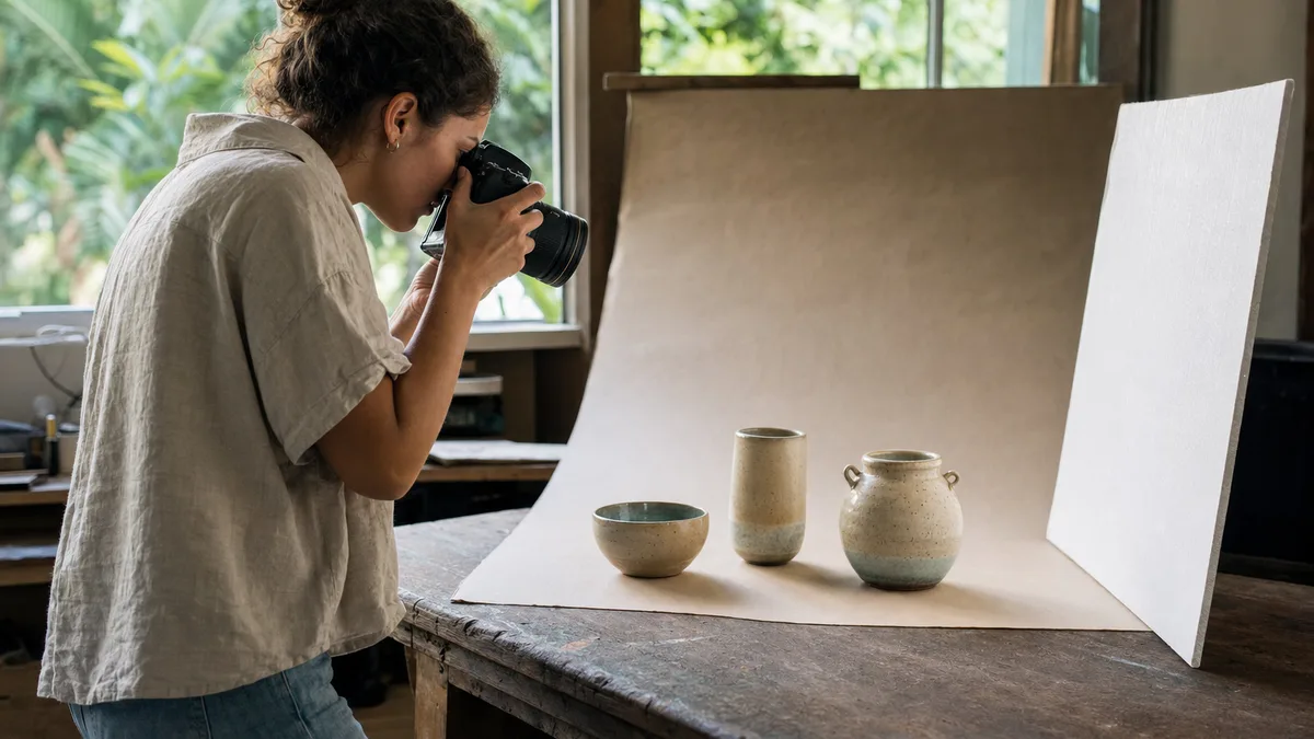 Joven practica fotografía de producto con una cámara digital, luz natural y tres piezas de cerámica.