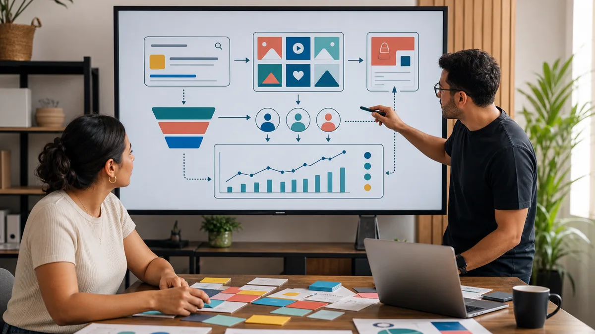 Mentor guía a una estudiante por un flujo de marketing digital que conecta búsqueda, contenido, audiencia, conversión y analítica.