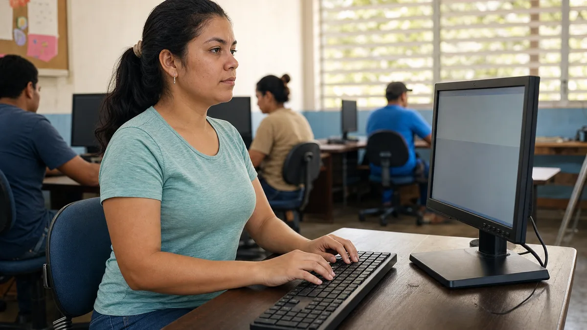 Participante practica mecanografía al tacto con postura erguida y ambas manos sobre el teclado en un aula.