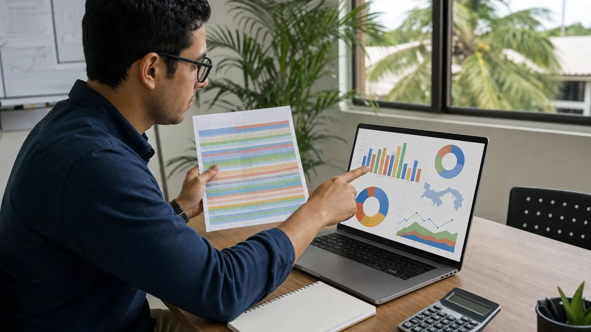 Profesional compara una hoja de datos con gráficos de un panel analítico mostrado en una laptop.